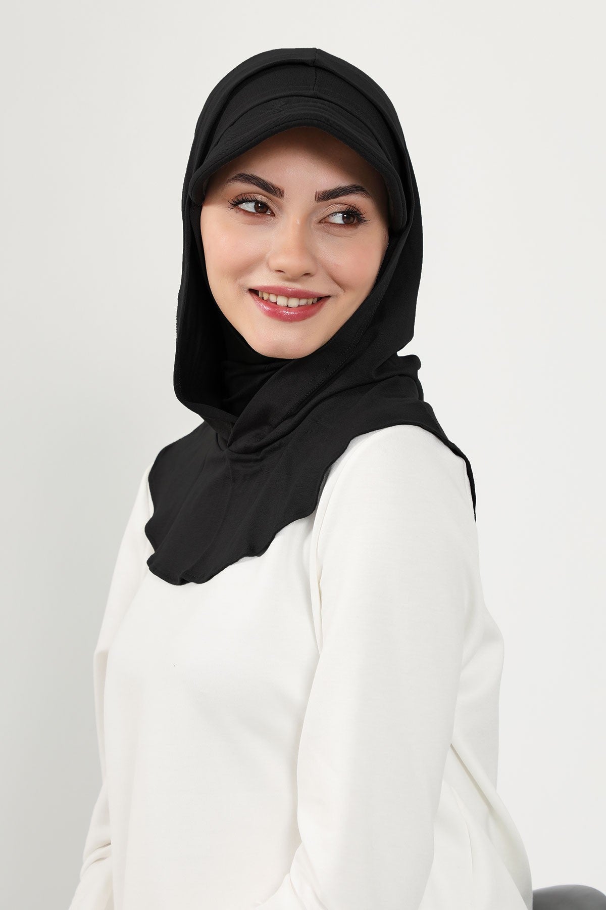 Full Coverage Cotton Bonnet Hijab with Visor, Ready to Wear Modest Visor Underscarf Bonnet with Neck Cover,B-88P Black