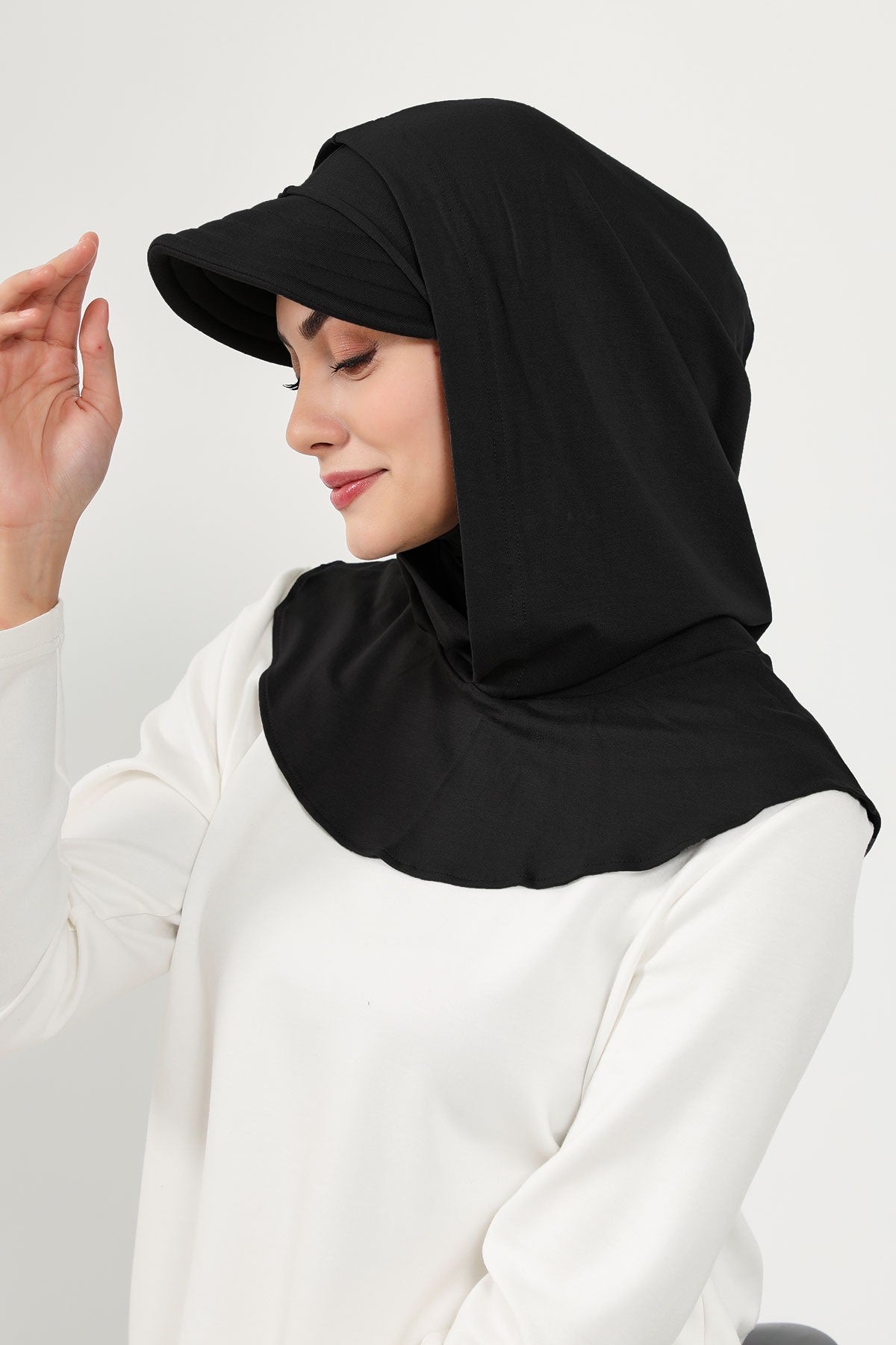 Full Coverage Cotton Bonnet Hijab with Visor, Ready to Wear Modest Visor Underscarf Bonnet with Neck Cover,B-88P Black