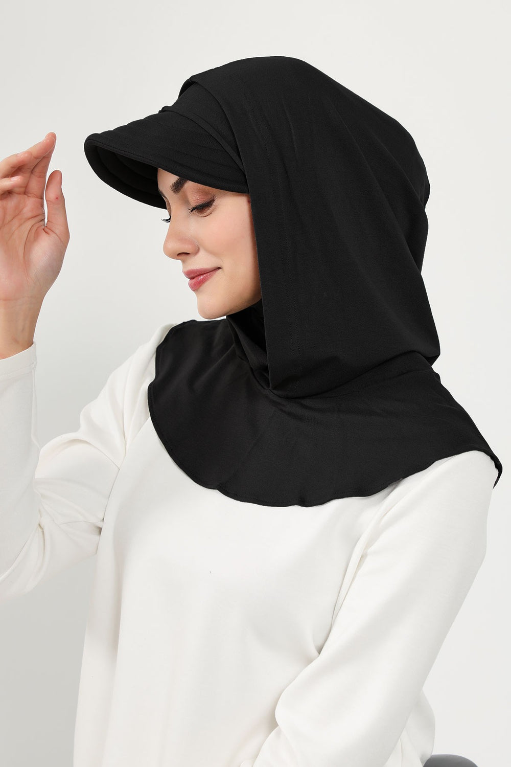 Full Coverage Cotton Bonnet Hijab with Visor, Ready to Wear Modest Visor Underscarf Bonnet with Neck Cover,B-88P Black