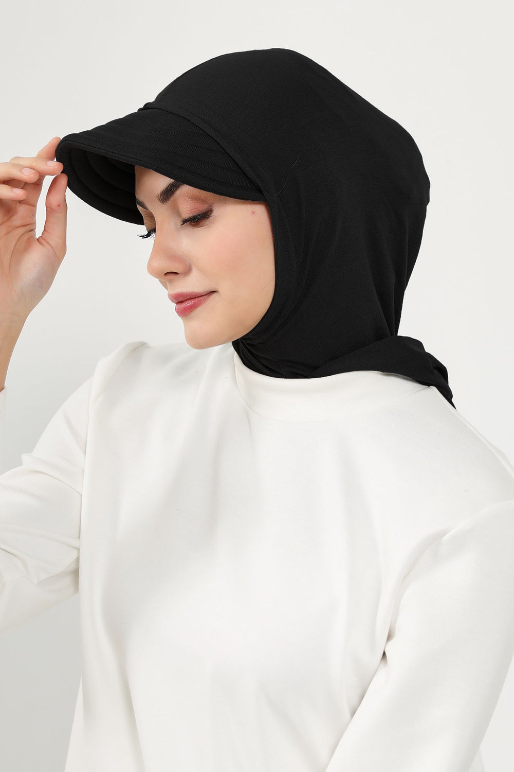 Full Coverage Cotton Bonnet Hijab with Visor, Ready to Wear Modest Visor Underscarf Bonnet with Neck Cover,B-88P Black