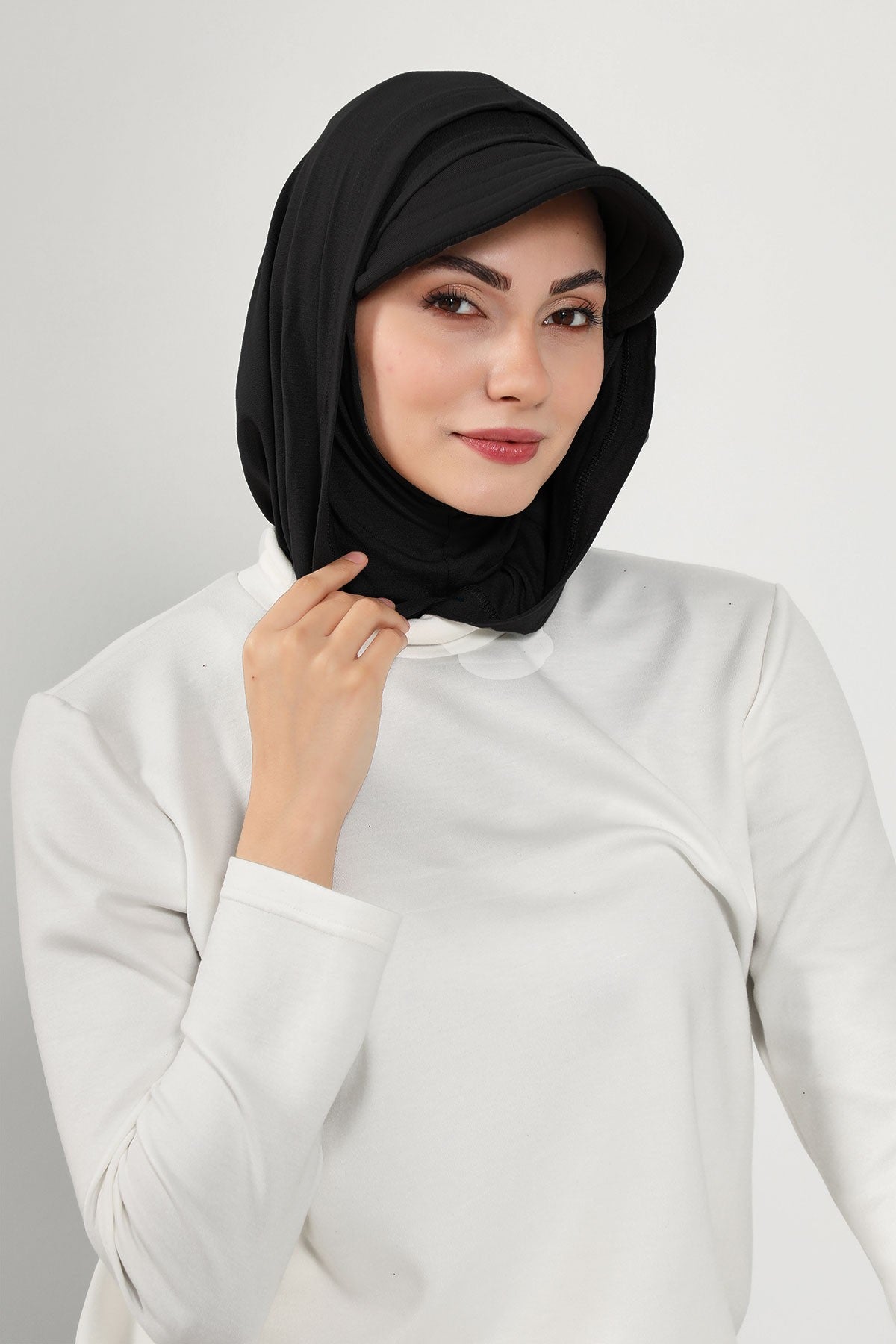 Full Coverage Cotton Bonnet Hijab with Visor, Ready to Wear Modest Visor Underscarf Bonnet with Neck Cover,B-88P Black