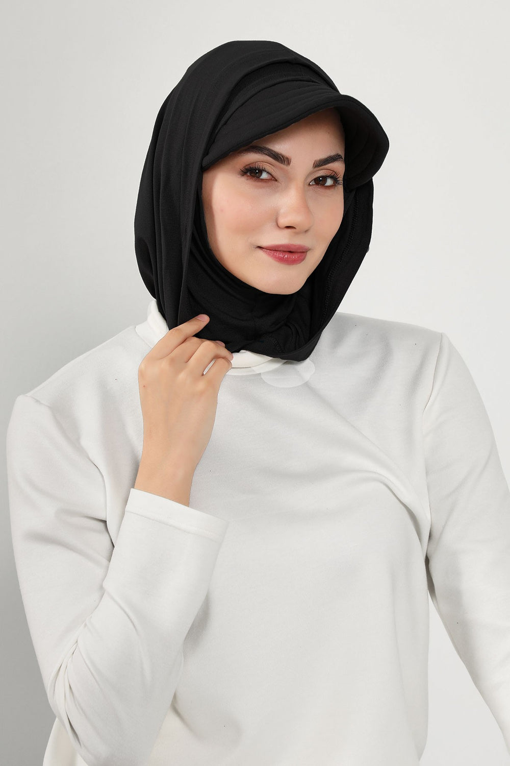 Full Coverage Cotton Bonnet Hijab with Visor, Ready to Wear Modest Visor Underscarf Bonnet with Neck Cover,B-88P Black
