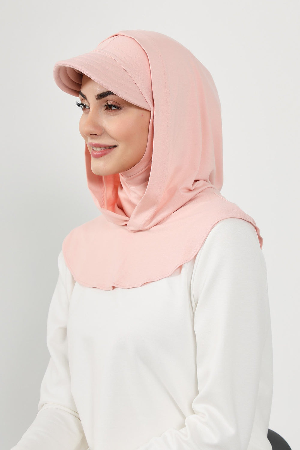 Full Coverage Cotton Bonnet Hijab with Visor, Ready to Wear Modest Visor Underscarf Bonnet with Neck Cover,B-88P Powder