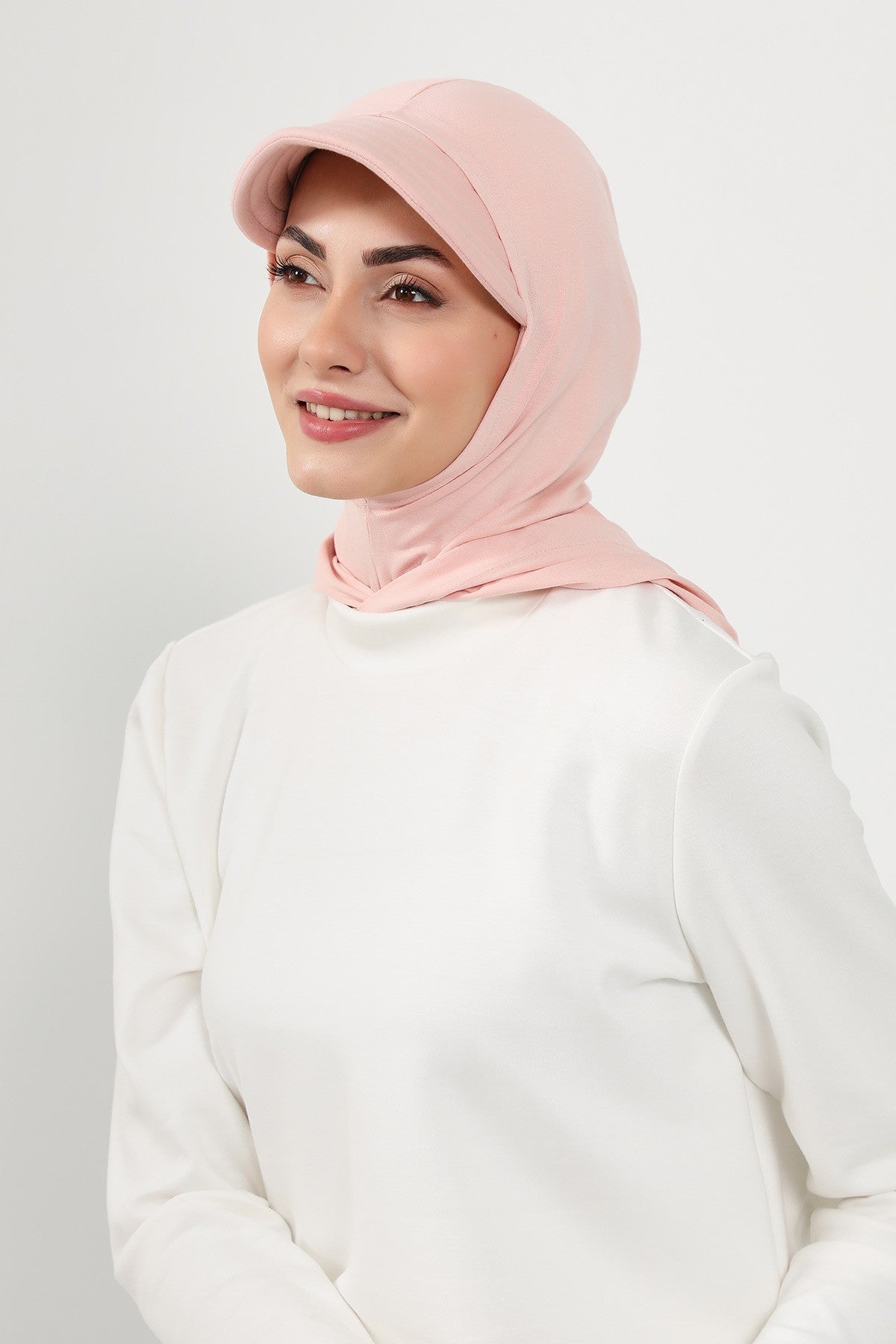 Full Coverage Cotton Bonnet Hijab with Visor, Ready to Wear Modest Visor Underscarf Bonnet with Neck Cover,B-88P Powder