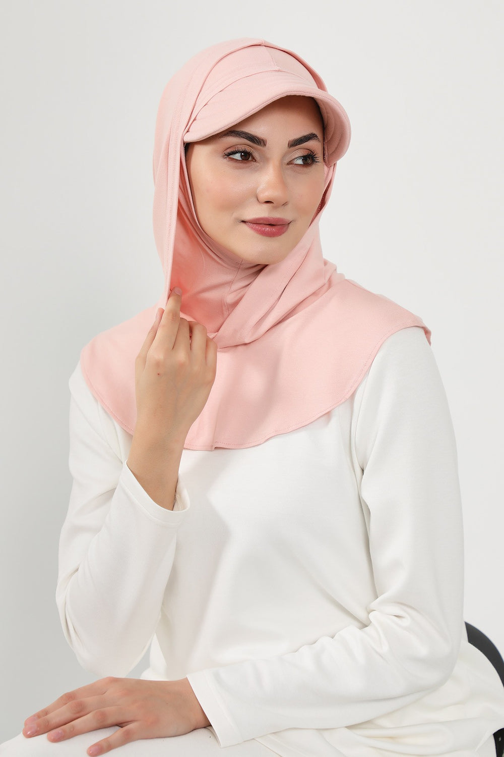 Full Coverage Cotton Bonnet Hijab with Visor, Ready to Wear Modest Visor Underscarf Bonnet with Neck Cover,B-88P Powder