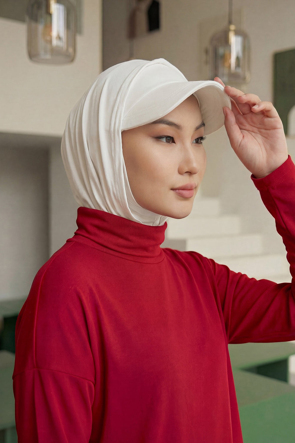 Full Coverage Cotton Bonnet Hijab with Visor, Ready to Wear Modest Visor Underscarf Bonnet with Neck Cover,B-88P Ivory