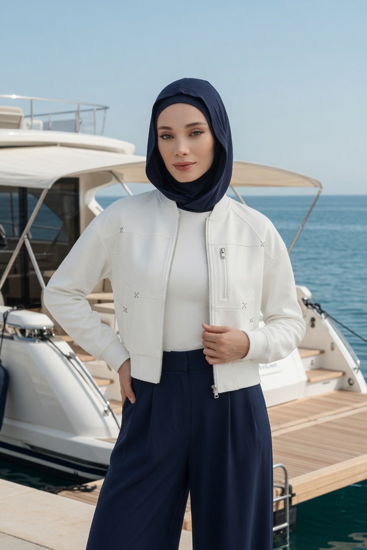 Full Coverage Instant Cotton Bonnet for Women, Ready-to-Wear Hijab Bonnet with Neck Coverage,B-89P Navy Blue