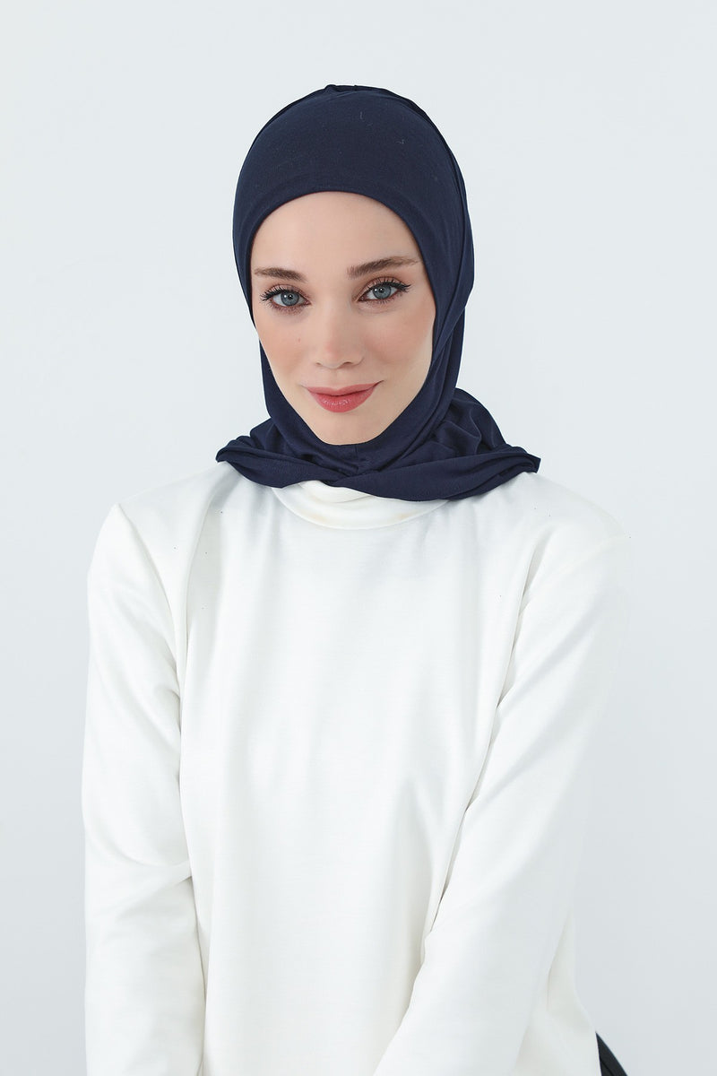 Full Coverage Instant Cotton Bonnet for Women, Ready-to-Wear Hijab Bonnet with Neck Coverage,B-89P Navy Blue