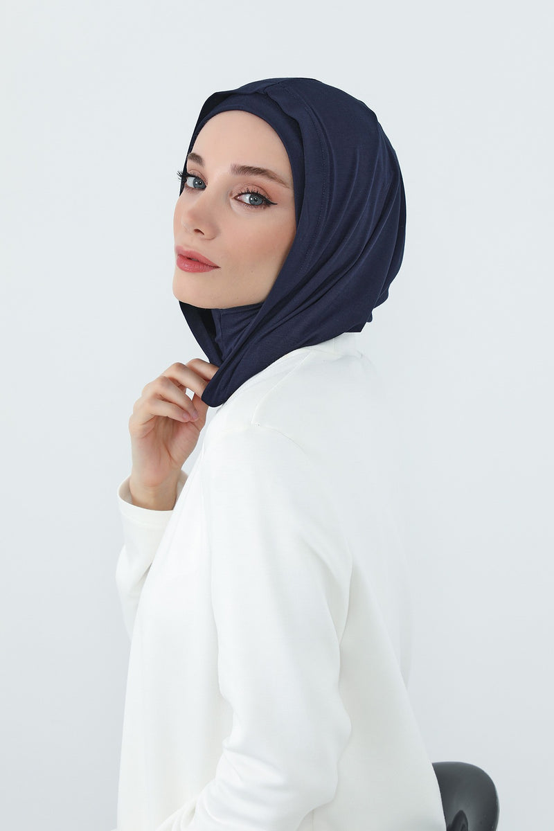 Full Coverage Instant Cotton Bonnet for Women, Ready-to-Wear Hijab Bonnet with Neck Coverage,B-89P Navy Blue