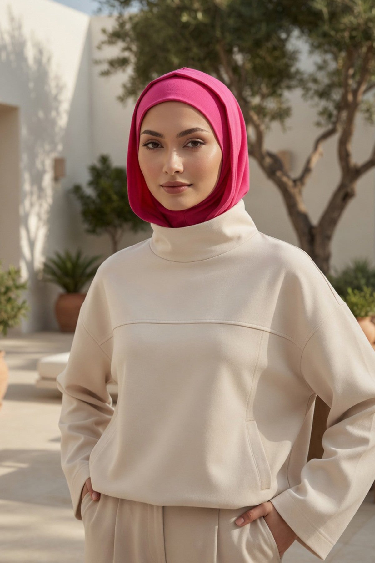 Full Coverage Instant Cotton Bonnet for Women, Ready-to-Wear Hijab Bonnet with Neck Coverage,B-89P Fuchsia