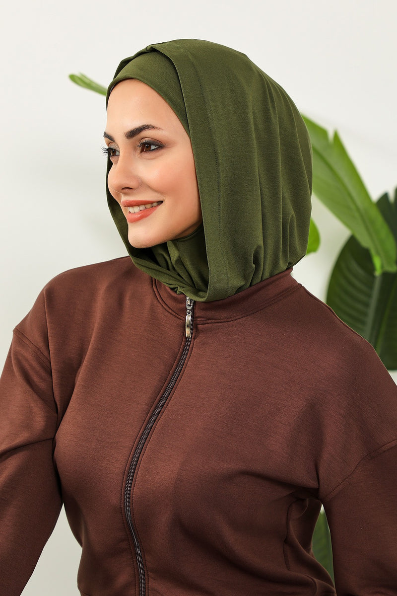 Full Coverage Instant Cotton Bonnet for Women, Ready-to-Wear Hijab Bonnet with Neck Coverage,B-89P Army Green