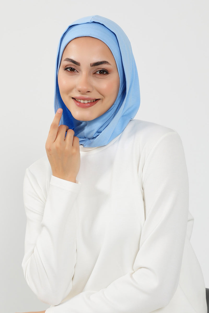 Full Coverage Instant Cotton Bonnet for Women, Ready-to-Wear Hijab Bonnet with Neck Coverage,B-89P Blue