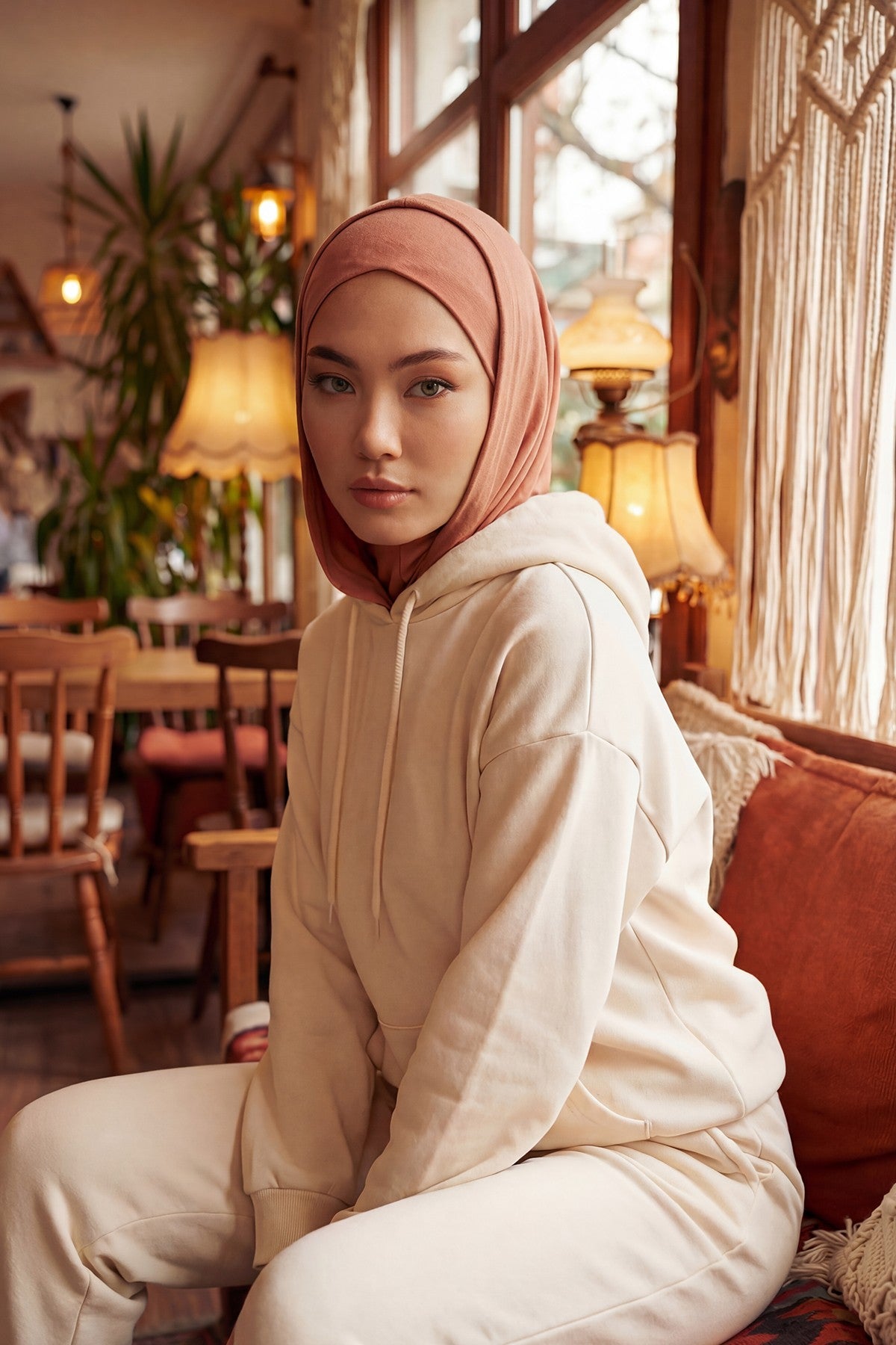 Full Coverage Instant Cotton Bonnet for Women, Ready-to-Wear Hijab Bonnet with Neck Coverage,B-89P Salmon