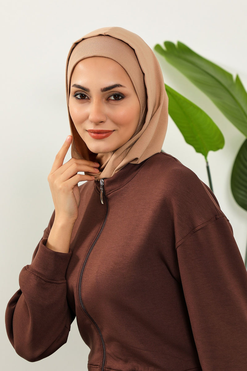 Full Coverage Instant Cotton Bonnet for Women, Ready-to-Wear Hijab Bonnet with Neck Coverage,B-89P Sand Brown