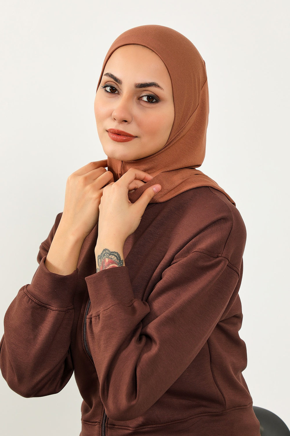 Full Coverage Instant Cotton Bonnet for Women, Ready-to-Wear Hijab Bonnet with Neck Coverage,B-89P Caramel Brown
