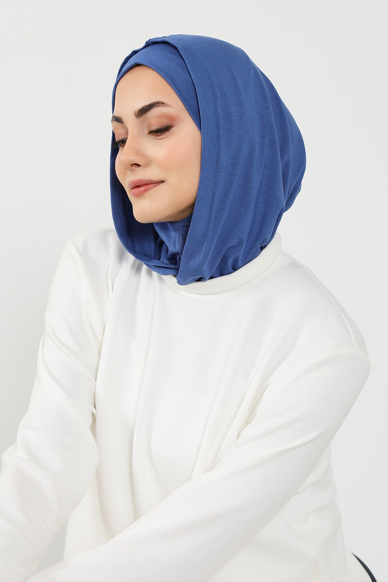 Full Coverage Instant Cotton Bonnet for Women, Ready-to-Wear Hijab Bonnet with Neck Coverage,B-89P İndigo