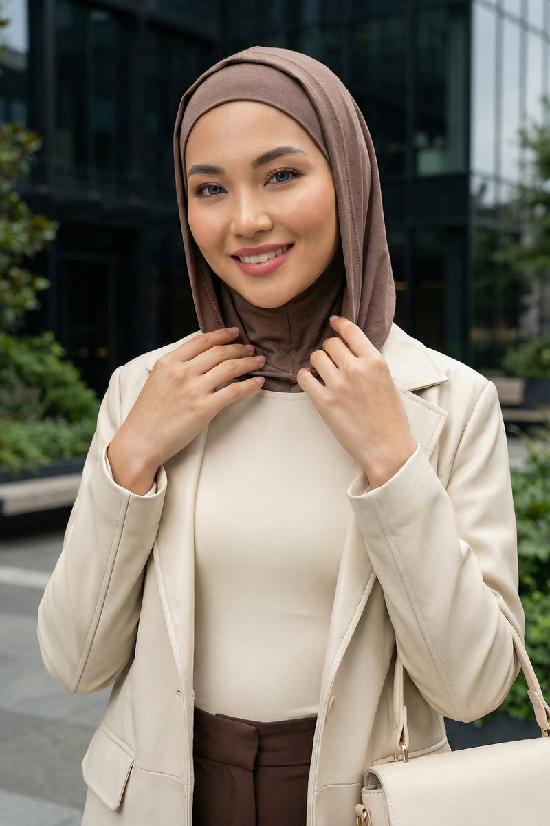 Full Coverage Instant Cotton Bonnet for Women, Ready-to-Wear Hijab Bonnet with Neck Coverage,B-89P Chocolate