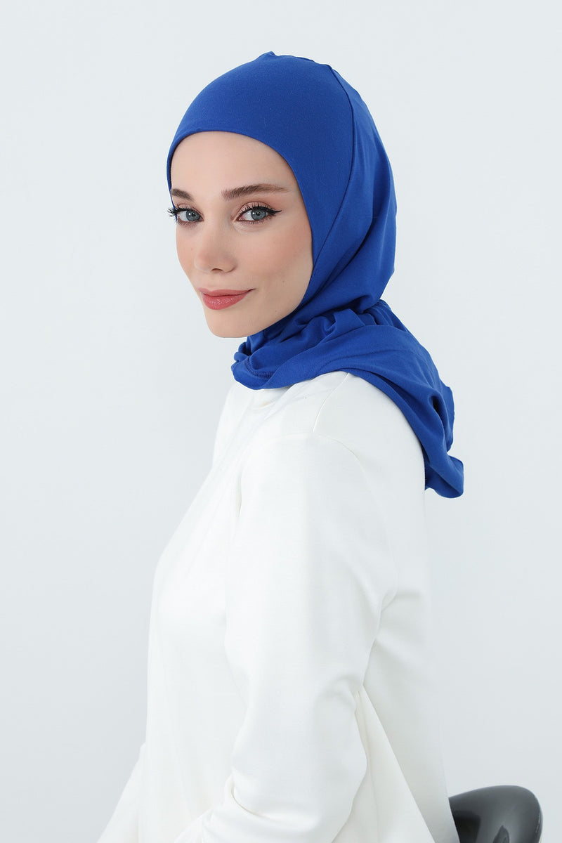 Full Coverage Instant Cotton Bonnet for Women, Ready-to-Wear Hijab Bonnet with Neck Coverage,B-89P Sax Blue