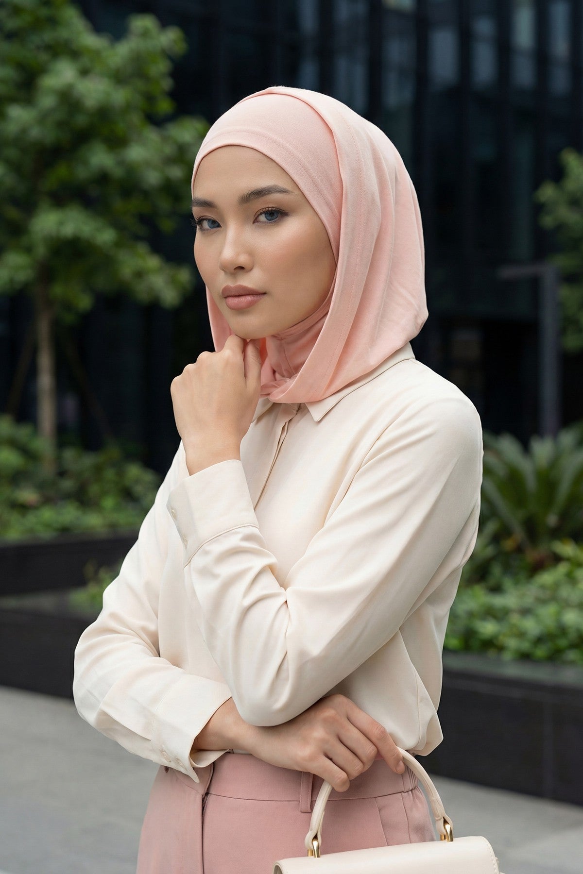 Full Coverage Instant Cotton Bonnet for Women, Ready-to-Wear Hijab Bonnet with Neck Coverage,B-89P Powder