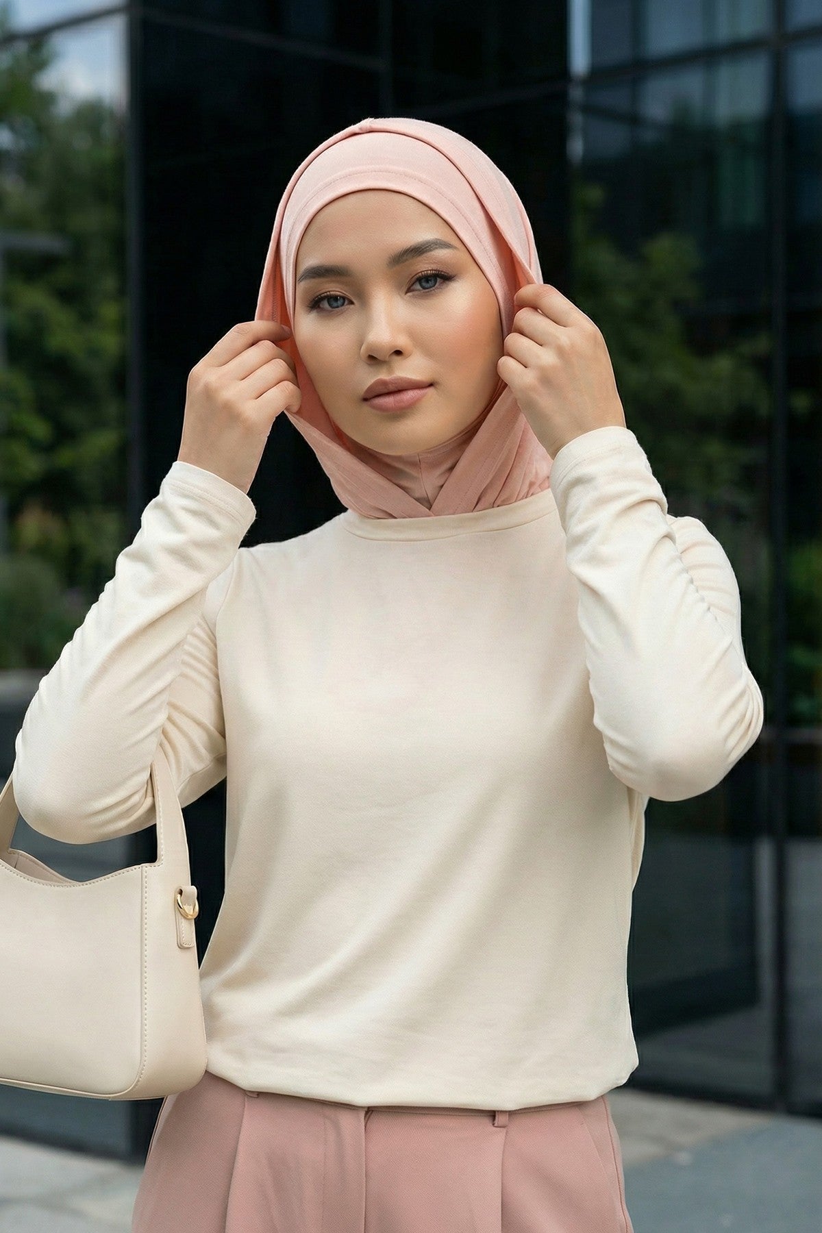 Full Coverage Instant Cotton Bonnet for Women, Ready-to-Wear Hijab Bonnet with Neck Coverage,B-89P Powder