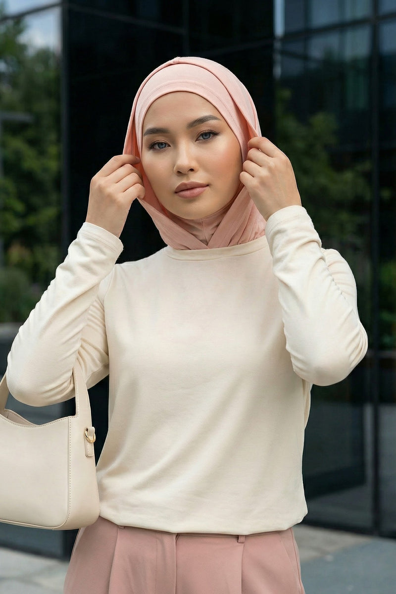 Full Coverage Instant Cotton Bonnet for Women, Ready-to-Wear Hijab Bonnet with Neck Coverage,B-89P Powder