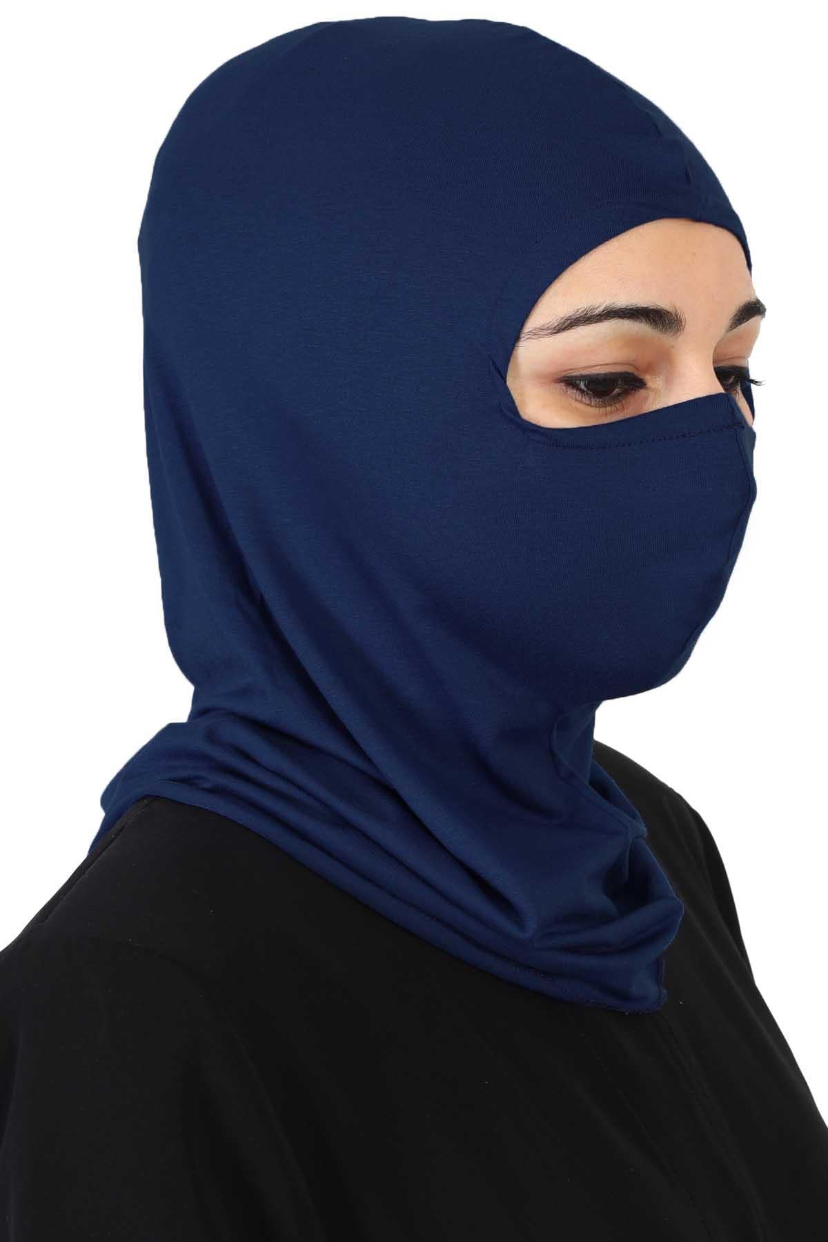 Full-Coverage Instant Turban Face Mask, Easy to Wear Inner Bonnet Ninja Cap, Balaclava Wind-Resistant Face Mask Muslim Head Cover Gift,TB-2 Navy Blue