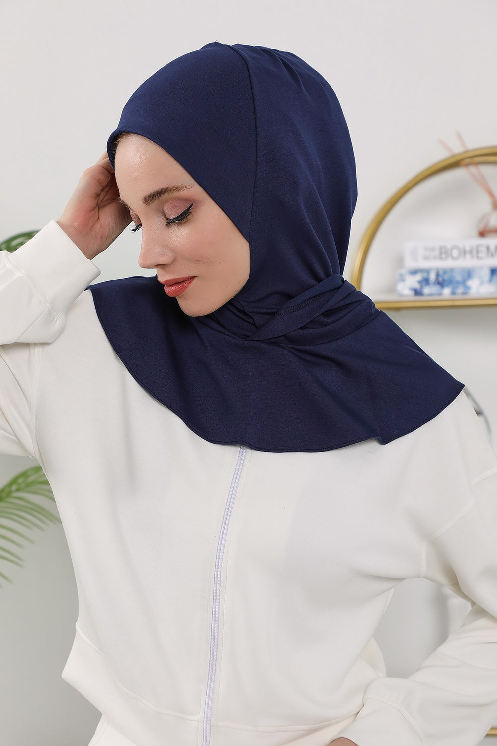 Full Coverage Instant Women Bonnet, All Season Ready-to-Wear Hijab Bonnet with Neck Coverage,B-89O Navy Blue