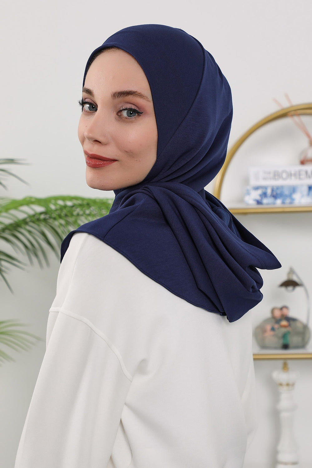 Full Coverage Instant Women Bonnet, All Season Ready-to-Wear Hijab Bonnet with Neck Coverage,B-89O Navy Blue