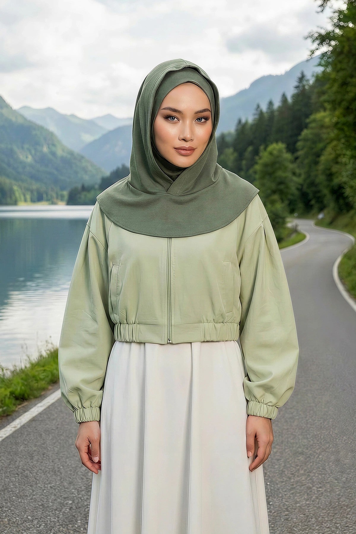 Full Coverage Instant Women Bonnet, All Season Ready-to-Wear Hijab Bonnet with Neck Coverage,B-89O Army Green