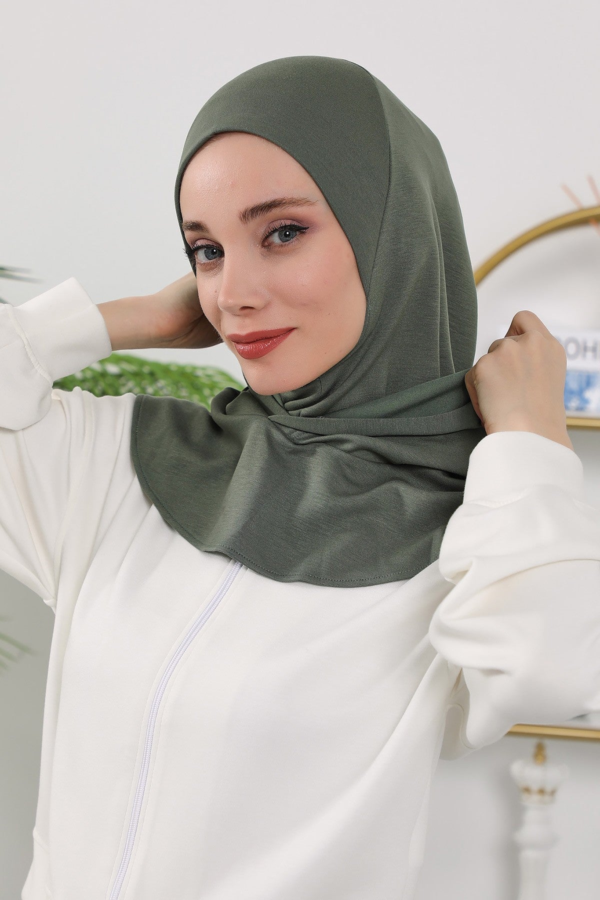 Full Coverage Instant Women Bonnet, All Season Ready-to-Wear Hijab Bonnet with Neck Coverage,B-89O Army Green