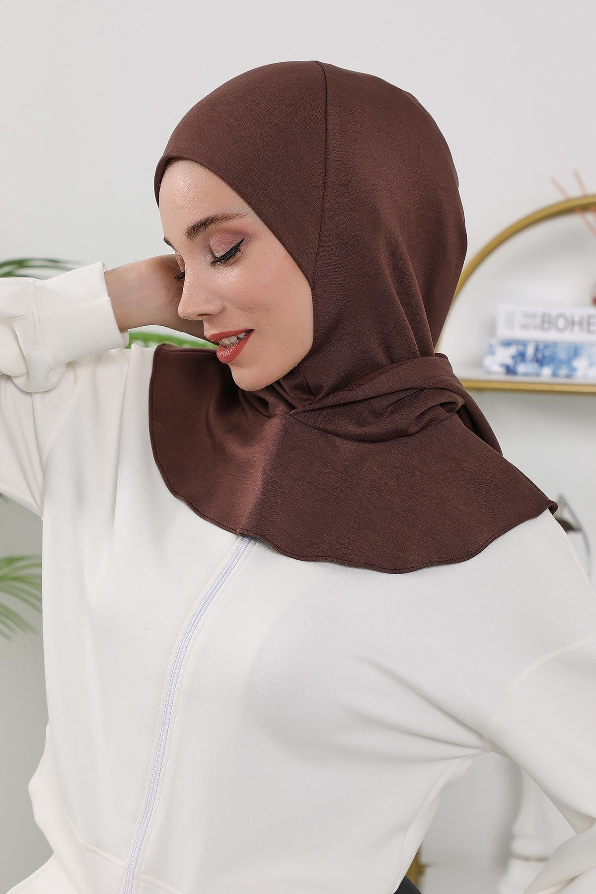 Full Coverage Instant Women Bonnet, All Season Ready-to-Wear Hijab Bonnet with Neck Coverage,B-89O Brown