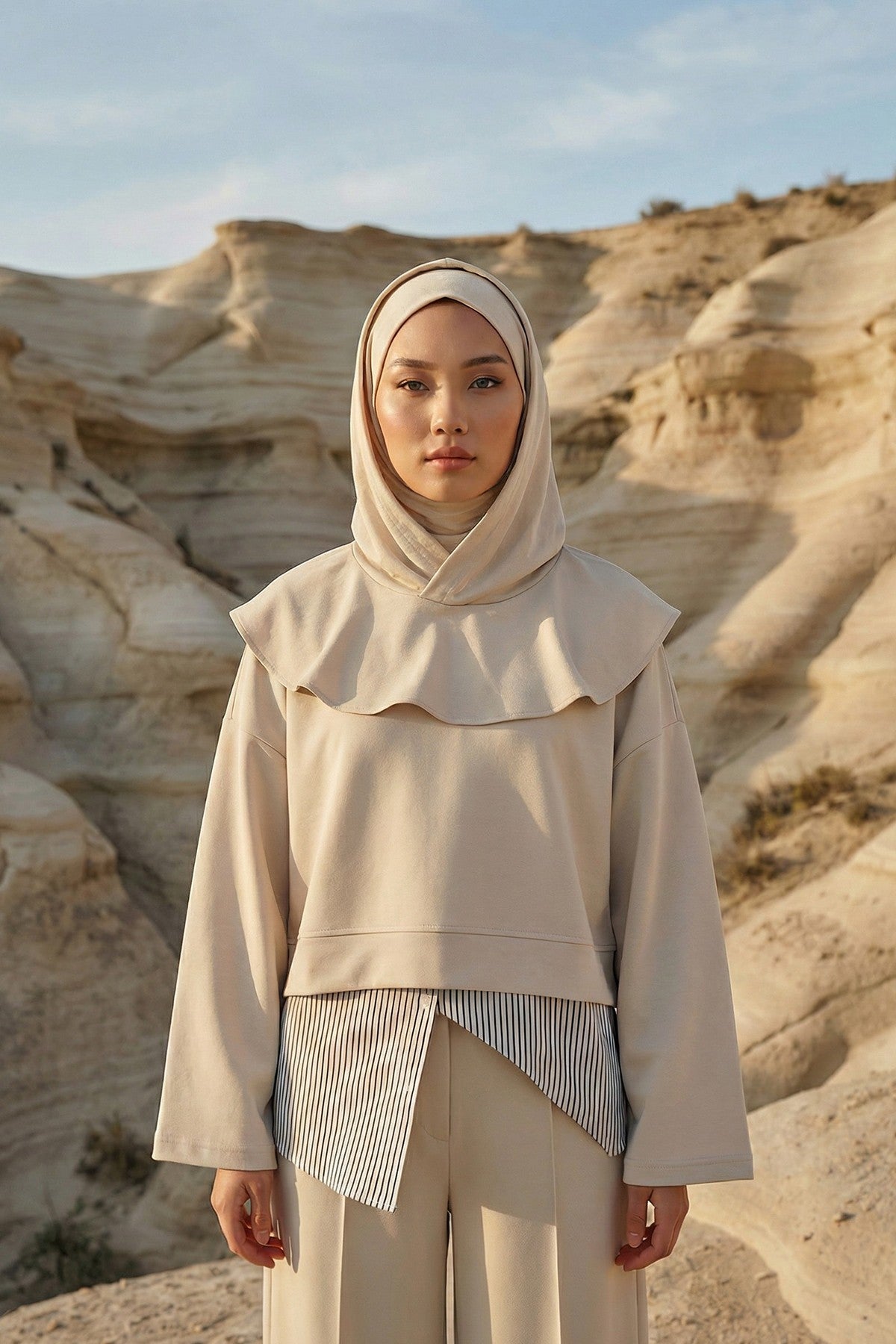 Full Coverage Instant Women Bonnet, All Season Ready-to-Wear Hijab Bonnet with Neck Coverage,B-89O Beige