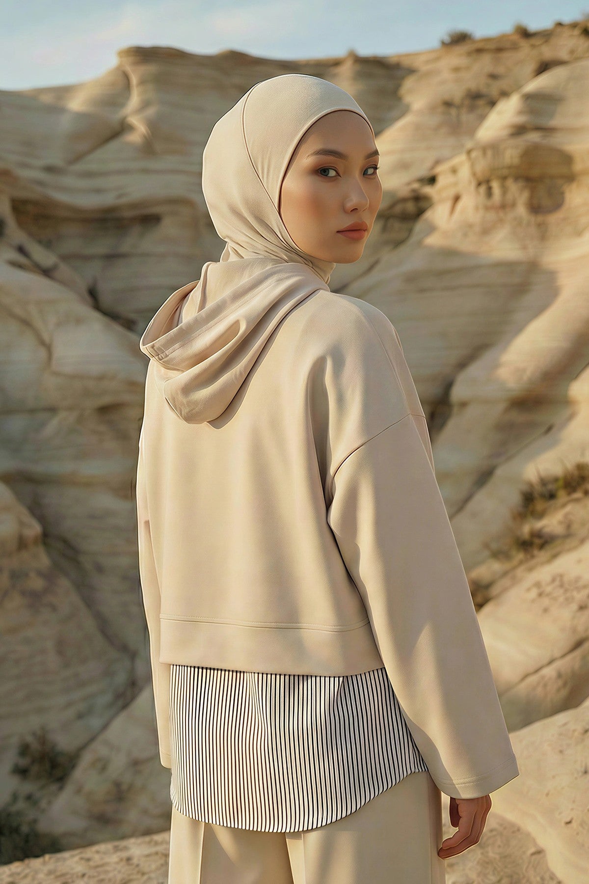 Full Coverage Instant Women Bonnet, All Season Ready-to-Wear Hijab Bonnet with Neck Coverage,B-89O Beige