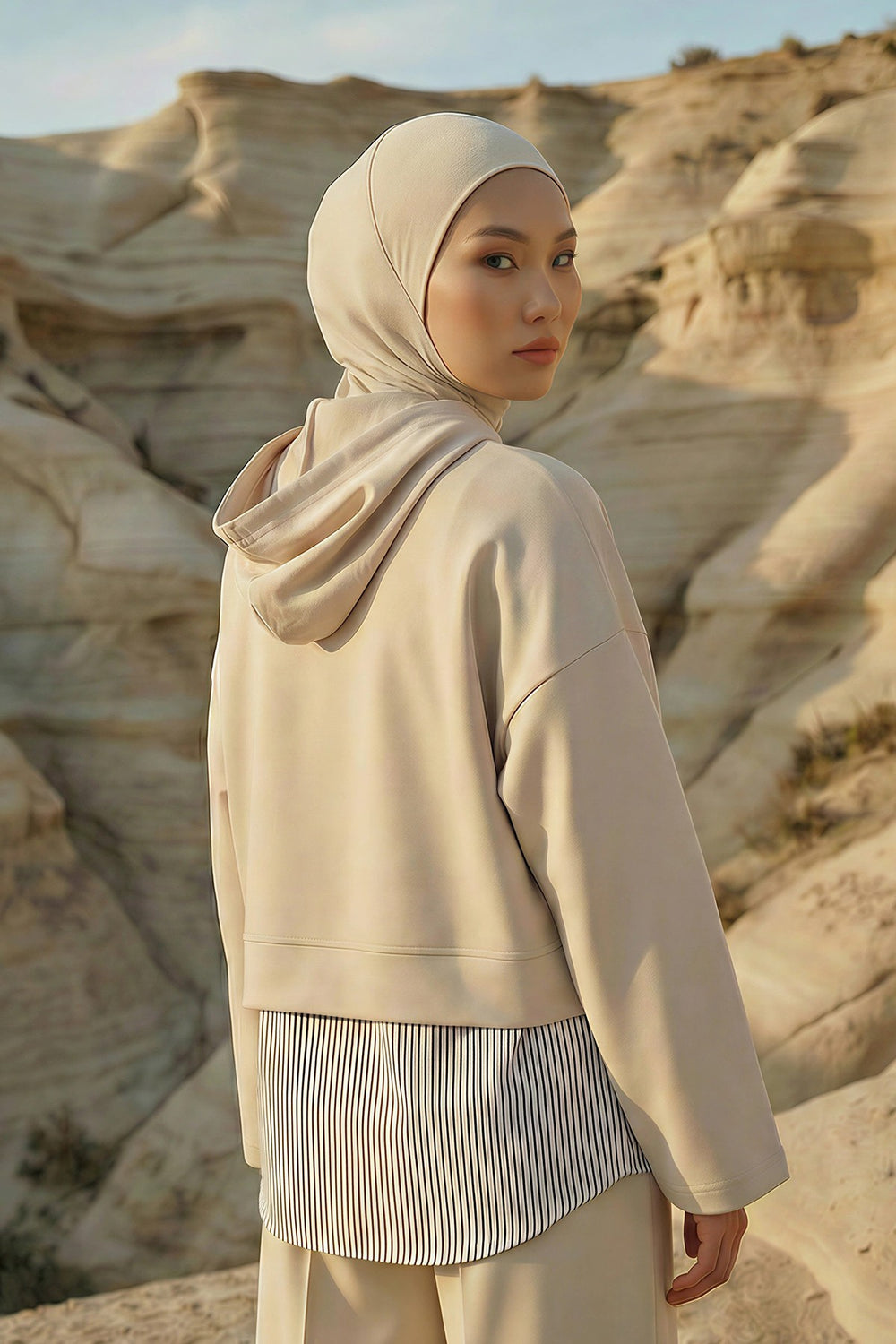 Full Coverage Instant Women Bonnet, All Season Ready-to-Wear Hijab Bonnet with Neck Coverage,B-89O Beige
