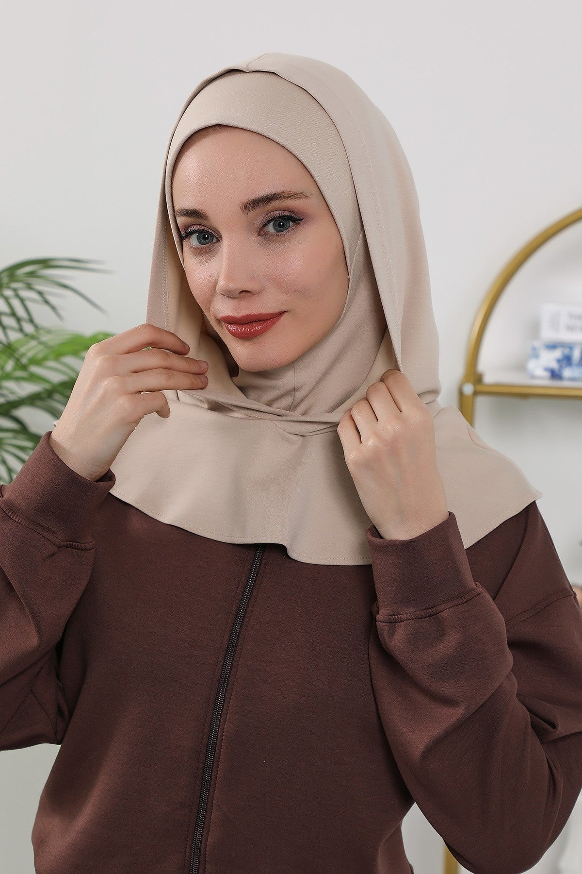 Full Coverage Instant Women Bonnet, All Season Ready-to-Wear Hijab Bonnet with Neck Coverage,B-89O Beige