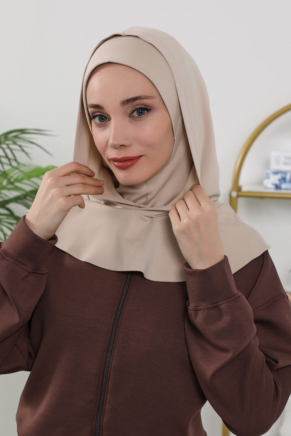 Full Coverage Instant Women Bonnet, All Season Ready-to-Wear Hijab Bonnet with Neck Coverage,B-89O Beige