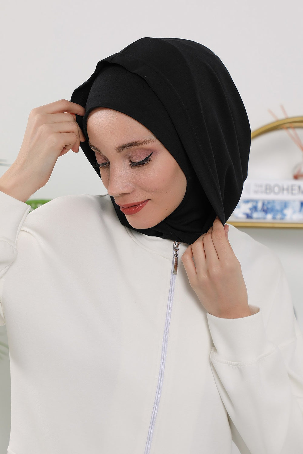 Full Coverage Instant Women Bonnet, All Season Ready-to-Wear Hijab Bonnet with Neck Coverage,B-89O Black