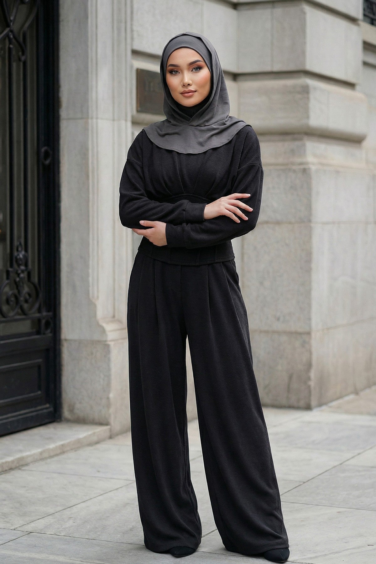 Full Coverage Instant Women Bonnet, All Season Ready-to-Wear Hijab Bonnet with Neck Coverage,B-89O Anthracite