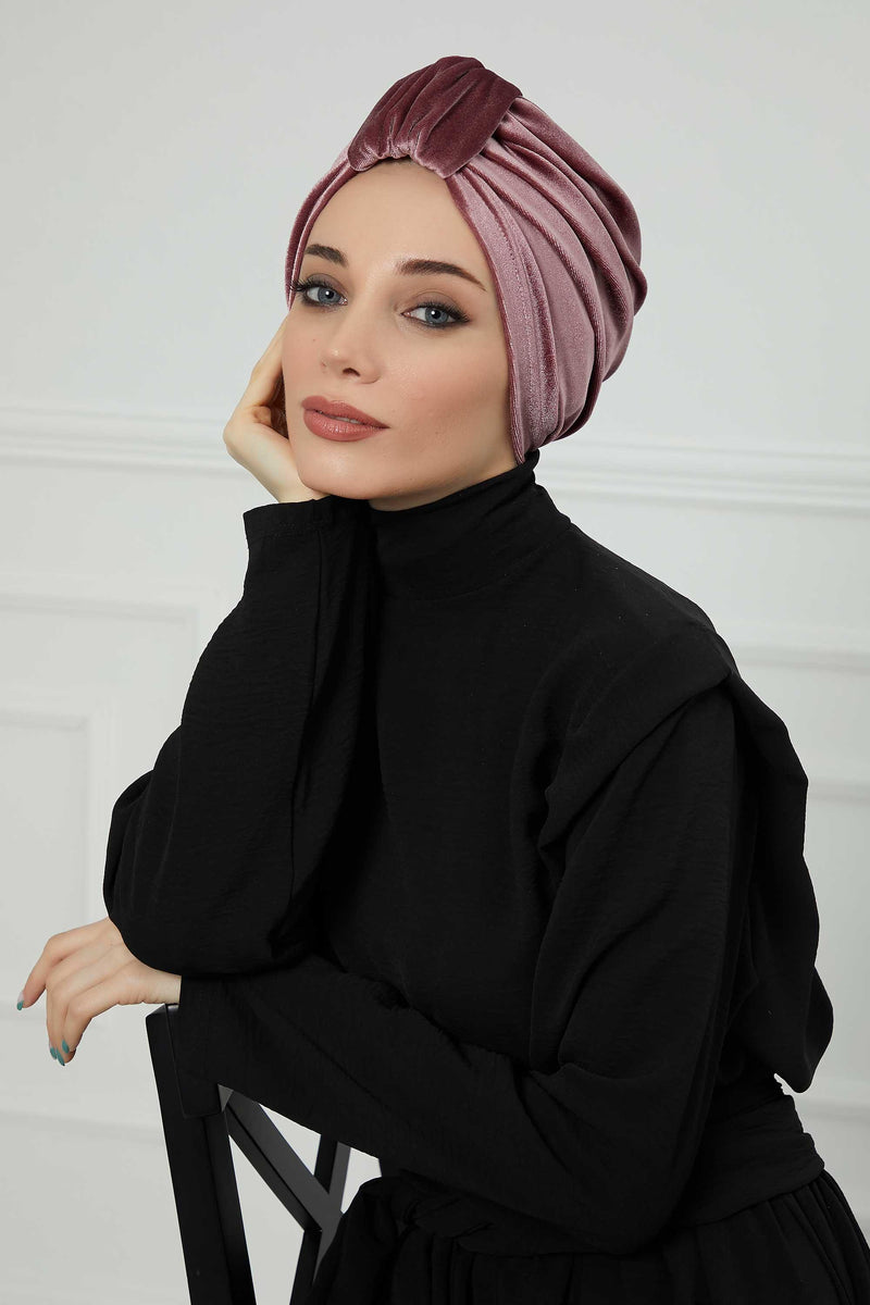 Glamour Knot Velvet Pre-Tied Turban, Super Soft Handmade Instant Turban Head Cover for Women, Velvet Winter Hat, Comfy Chemo Headwear,B-68K Dusty Rose