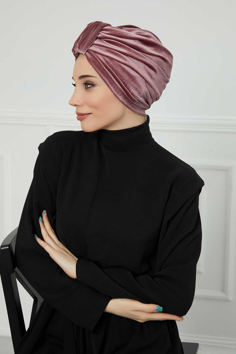 Glamour Knot Velvet Pre-Tied Turban, Super Soft Handmade Instant Turban Head Cover for Women, Velvet Winter Hat, Comfy Chemo Headwear,B-68K Dusty Rose