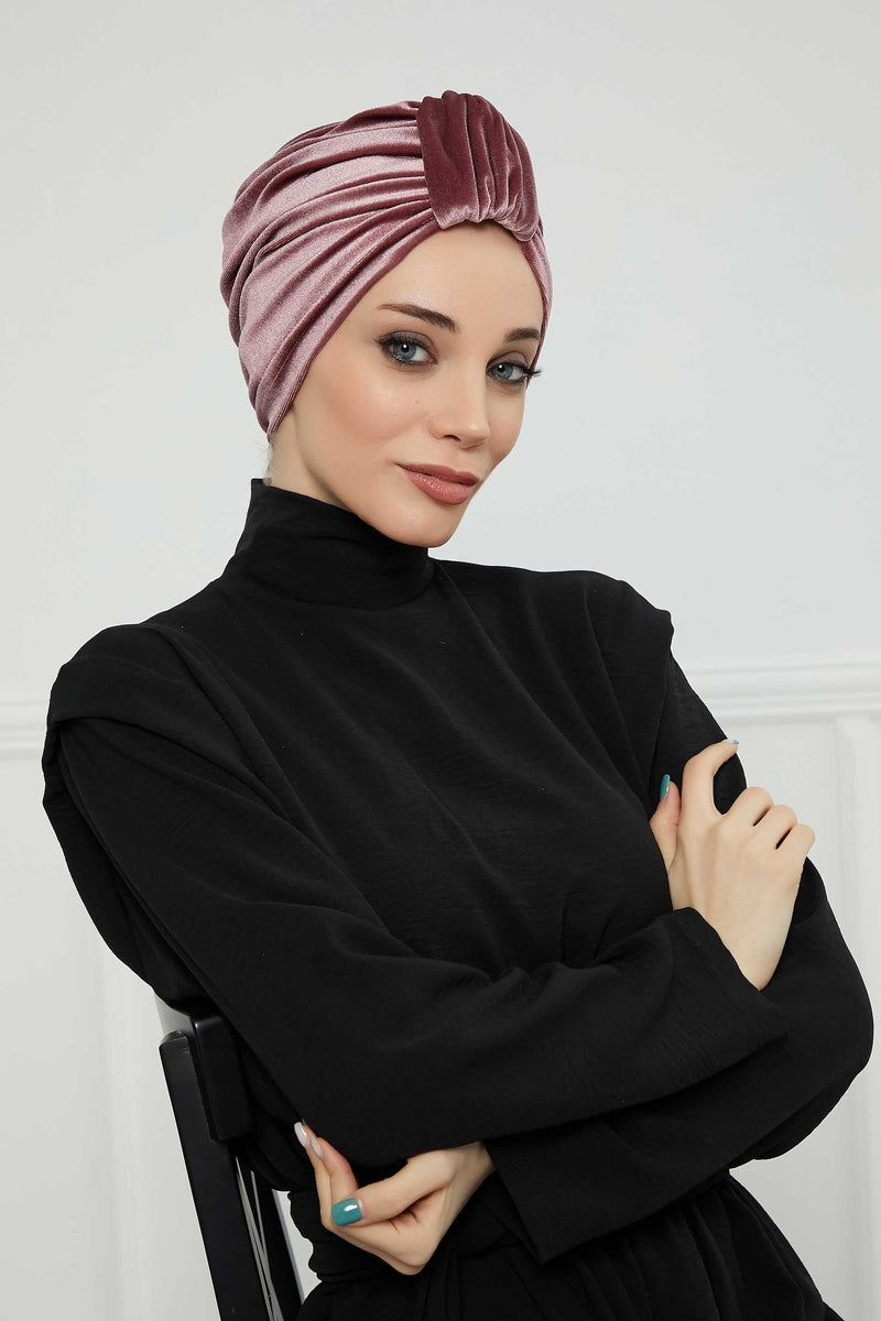 Glamour Knot Velvet Pre-Tied Turban, Super Soft Handmade Instant Turban Head Cover for Women, Velvet Winter Hat, Comfy Chemo Headwear,B-68K Dusty Rose