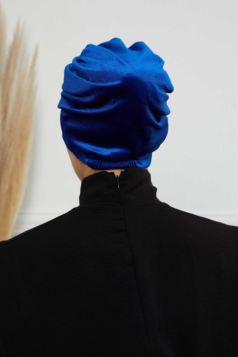 Glamour Knot Velvet Pre-Tied Turban, Super Soft Handmade Instant Turban Head Cover for Women, Velvet Winter Hat, Comfy Chemo Headwear,B-68K Sax Blue