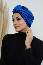 Glamour Knot Velvet Pre-Tied Turban, Super Soft Handmade Instant Turban Head Cover for Women, Velvet Winter Hat, Comfy Chemo Headwear,B-68K Sax Blue