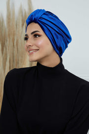 Glamour Knot Velvet Pre-Tied Turban, Super Soft Handmade Instant Turban Head Cover for Women, Velvet Winter Hat, Comfy Chemo Headwear,B-68K Sax Blue