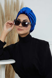 Glamour Knot Velvet Pre-Tied Turban, Super Soft Handmade Instant Turban Head Cover for Women, Velvet Winter Hat, Comfy Chemo Headwear,B-68K Sax Blue