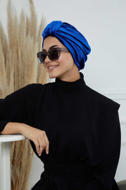 Glamour Knot Velvet Pre-Tied Turban, Super Soft Handmade Instant Turban Head Cover for Women, Velvet Winter Hat, Comfy Chemo Headwear,B-68K Sax Blue