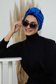 Glamour Knot Velvet Pre-Tied Turban, Super Soft Handmade Instant Turban Head Cover for Women, Velvet Winter Hat, Comfy Chemo Headwear,B-68K Sax Blue