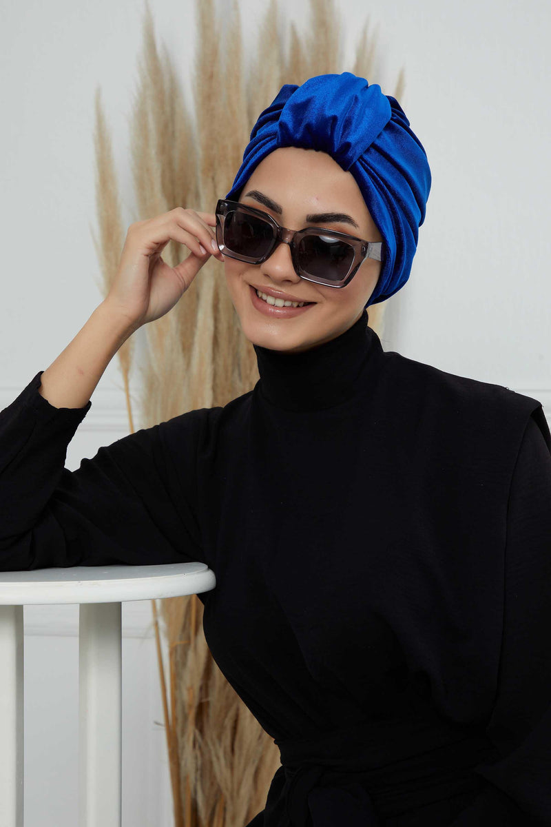 Glamour Knot Velvet Pre-Tied Turban, Super Soft Handmade Instant Turban Head Cover for Women, Velvet Winter Hat, Comfy Chemo Headwear,B-68K Sax Blue