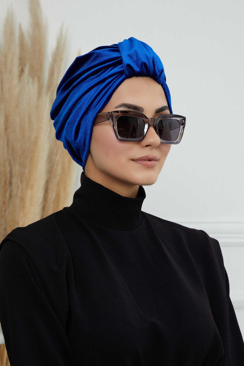 Glamour Knot Velvet Pre-Tied Turban, Super Soft Handmade Instant Turban Head Cover for Women, Velvet Winter Hat, Comfy Chemo Headwear,B-68K Sax Blue