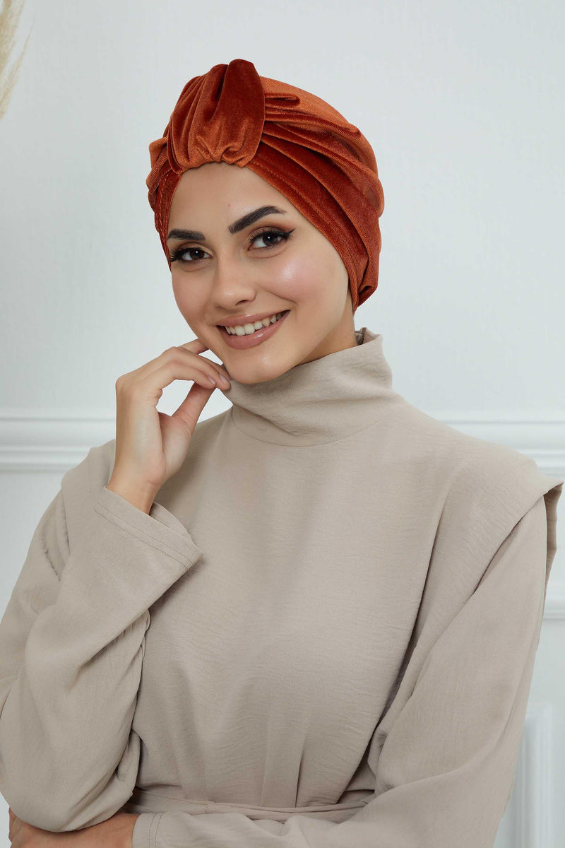 Glamour Knot Velvet Pre-Tied Turban, Super Soft Handmade Instant Turban Head Cover for Women, Velvet Winter Hat, Comfy Chemo Headwear,B-68K Tile Red